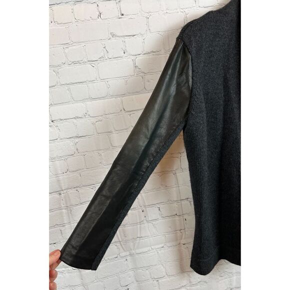 VINCE dark gray wool yak knit lamb leather sleeve open front cardigan sweater S - Picture 6 of 12